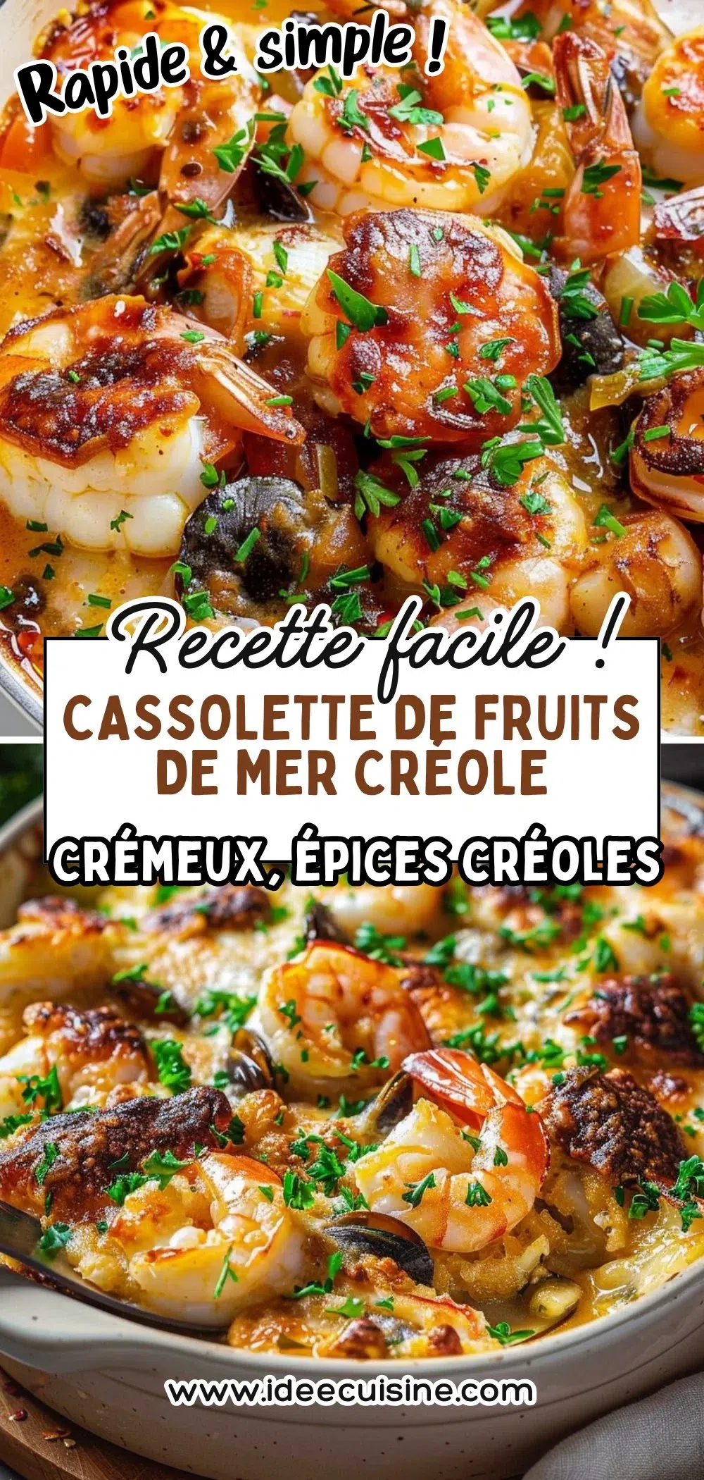 Cassolette de crevettes et fruits de mer en sauce épicée, herbes fraîches, ambiance conviviale.