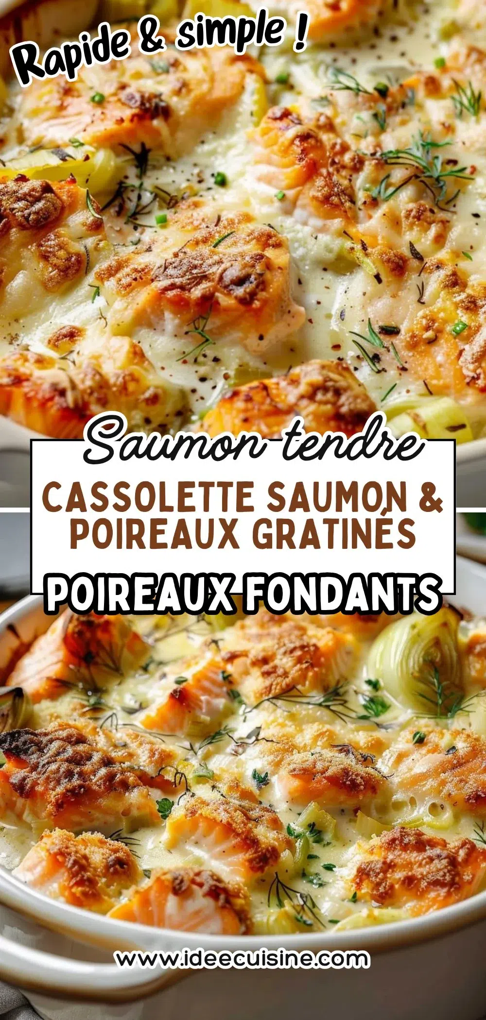 Plat gratiné de saumon et poireaux fondants en sauce crémeuse, surface dorée, persil en décoration.