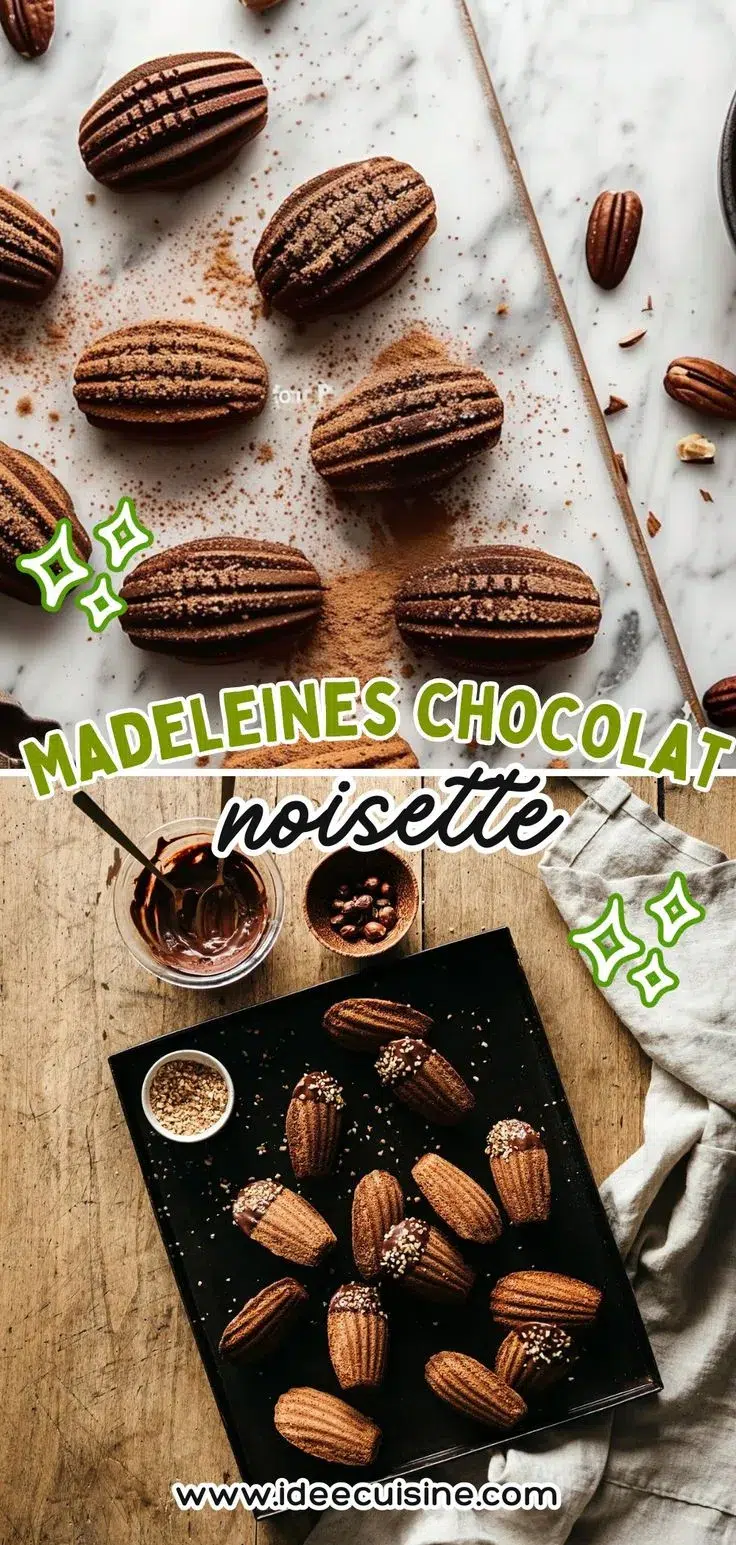 Madeleines moelleuses et dorées, au chocolat et noisettes, présentées sur un plateau.