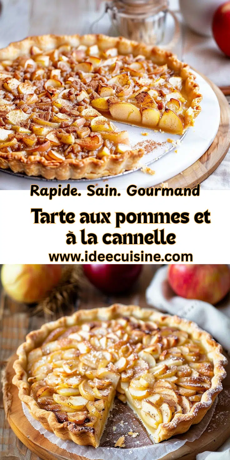Tarte rustique aux fines tranches de pommes disposées en rosace, croûte dorée et saupoudrage de cannelle.