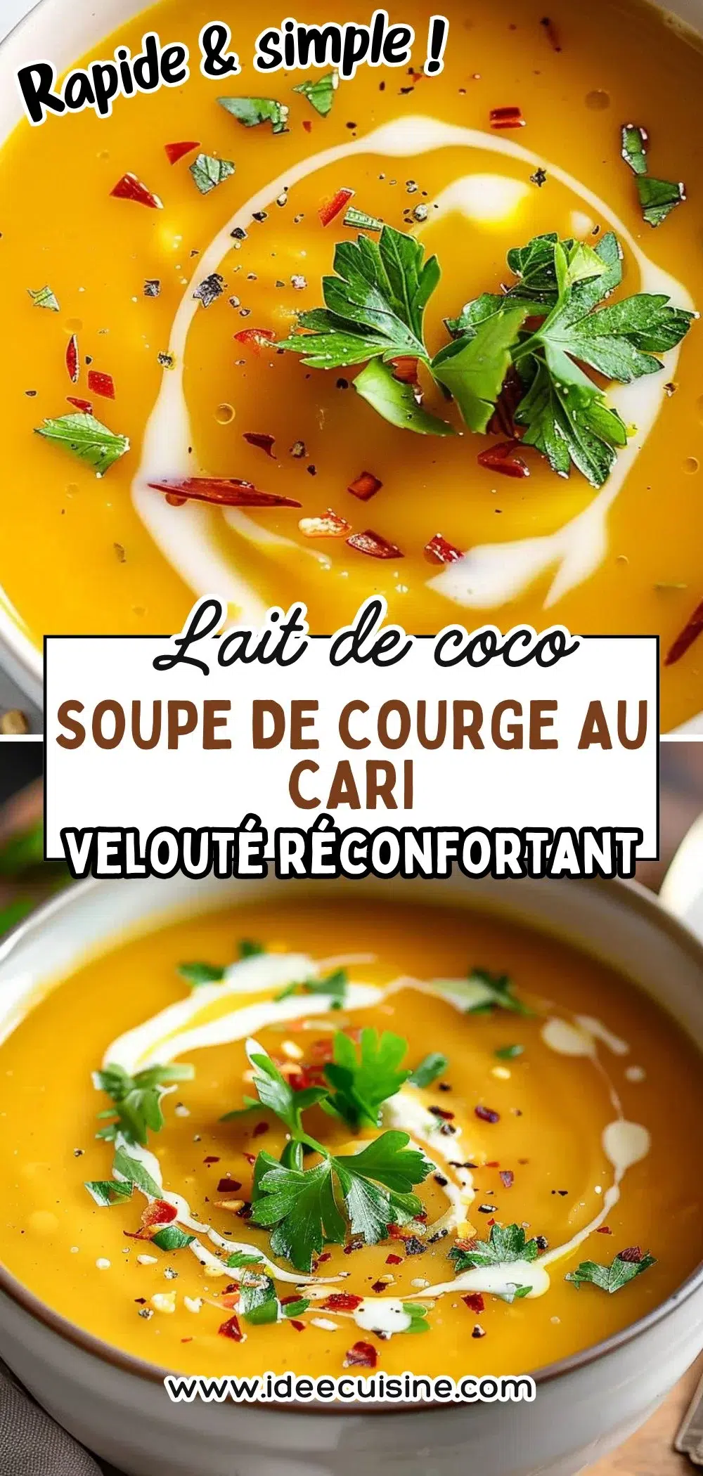 Bol de soupe orange brillante, décorée d’un filet de coco, graines de sésame et feuilles de coriandre.