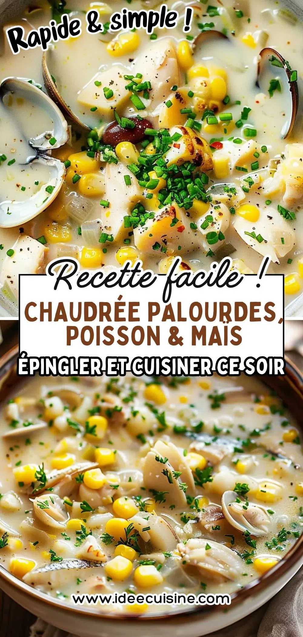 Bol de chaudrée crémeuse garnie de palourdes, dés de poisson, maïs jaune et pommes de terre, parsemée de ciboulette.