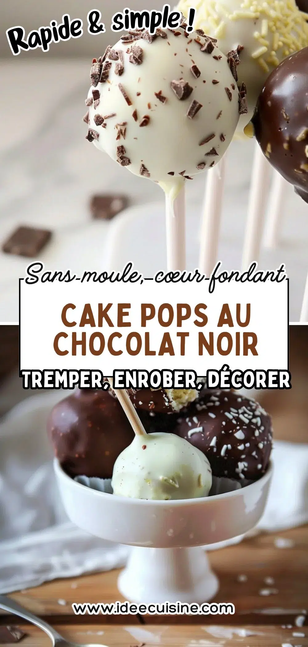 Cake pops ronds enrobés de chocolat noir brillant, certains blancs décor vermicelles, présentés en coupe.