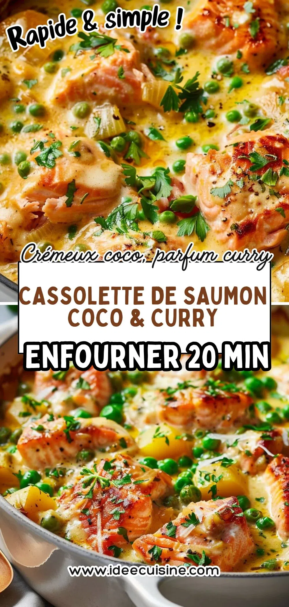 Plat gratiné crémeux saumon en cubes, sauce coco-curry, herbes fraîches, surface dorée.