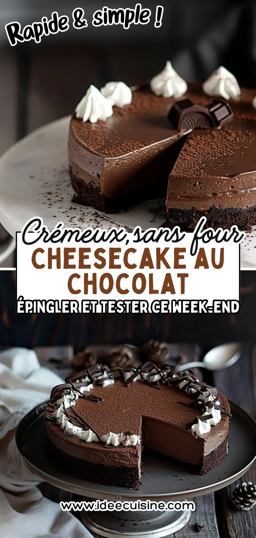 Gâteau chocolat noir crémeux sans cuisson, part découpée, décor rosaces de chantilly et copeaux de chocolat.