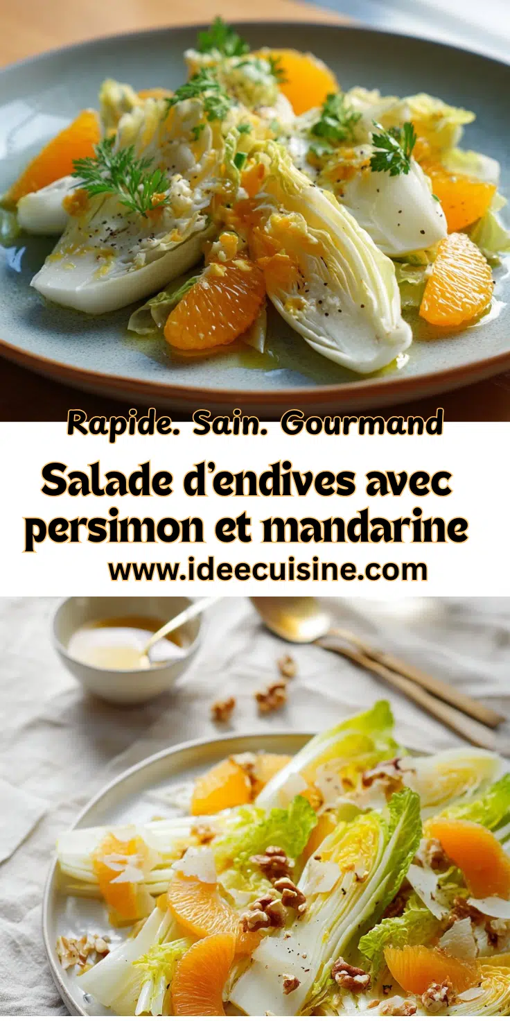 Salade d'endives avec persimon et mandarine 2 Assiette de salade croquante d’endives et persimon, suprêmes de mandarine et éclats de noix, parsemée de fines herbes.