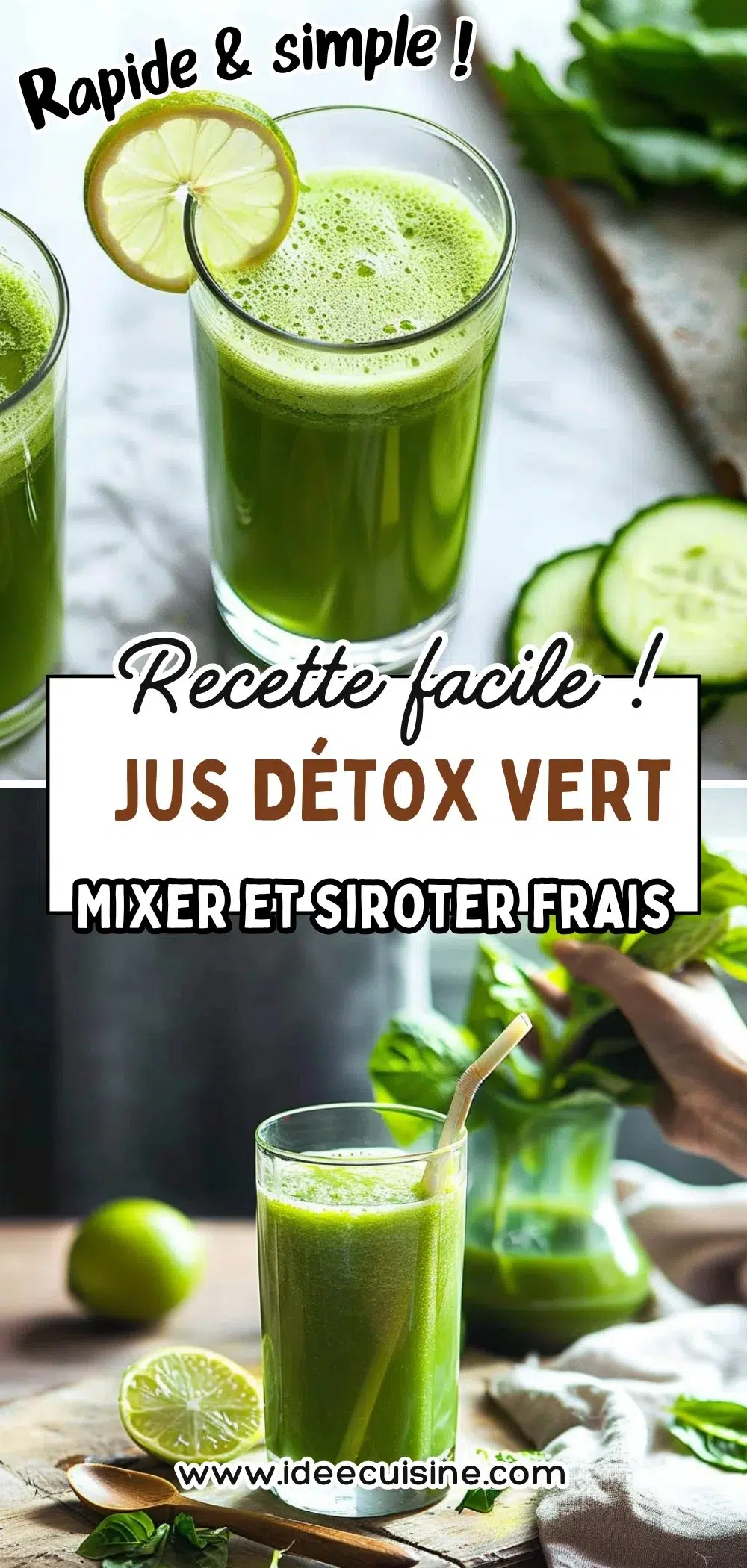 Verre haut de jus vert vif, rondelle de citron en bord, tranches de concombre et feuilles vertes autour, ambiance fraîche.
