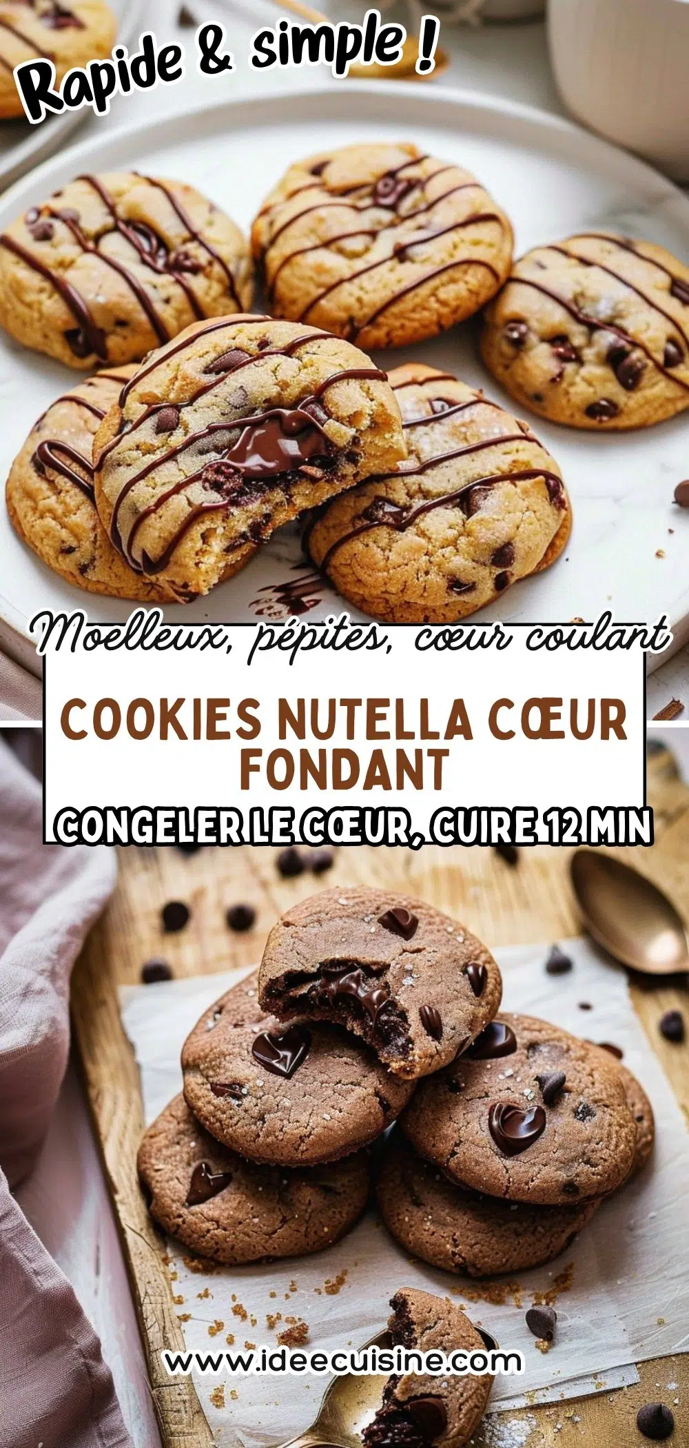 Cookies dorés aux pépites de chocolat, certains cassés révélant un cœur Nutella coulant.