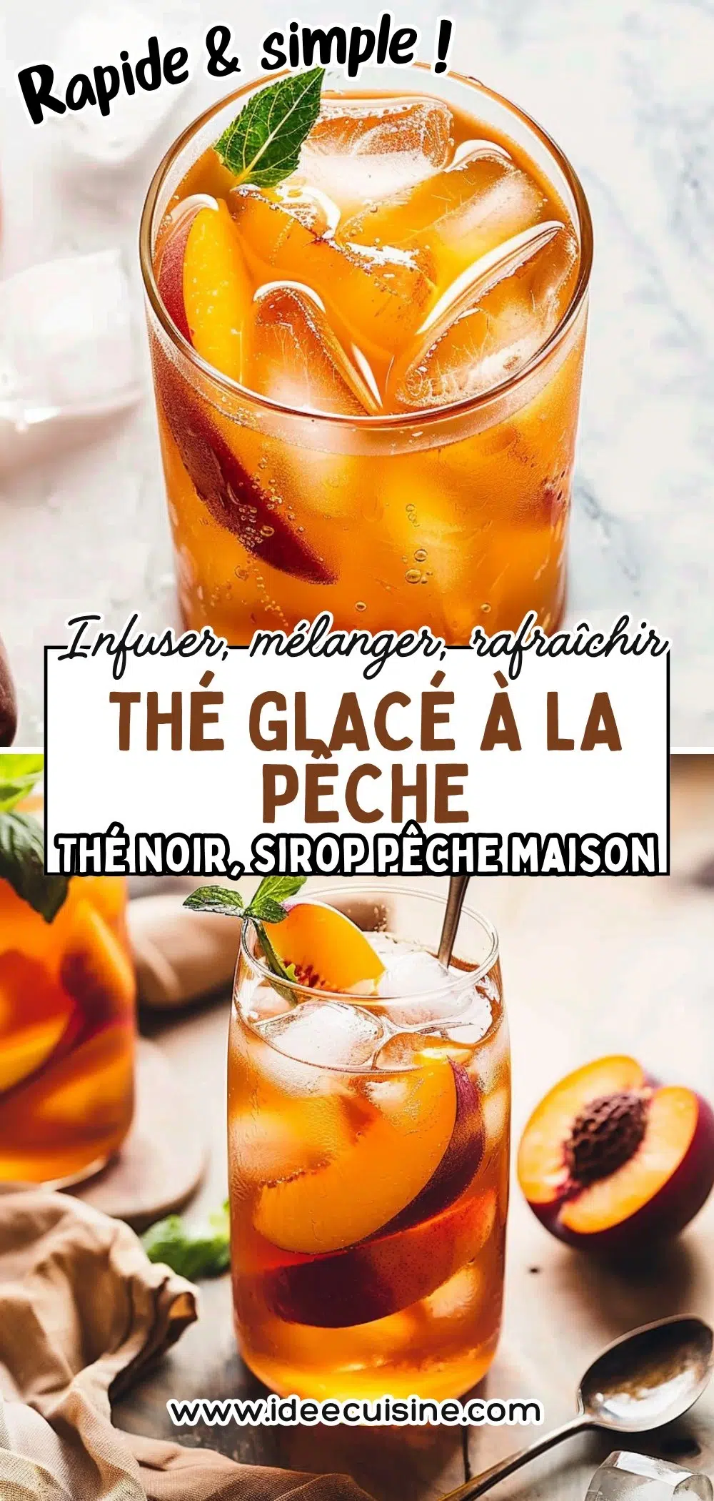 Verre rempli de glaçons et tranches de pêche, thé ambré, brins de menthe en décor.