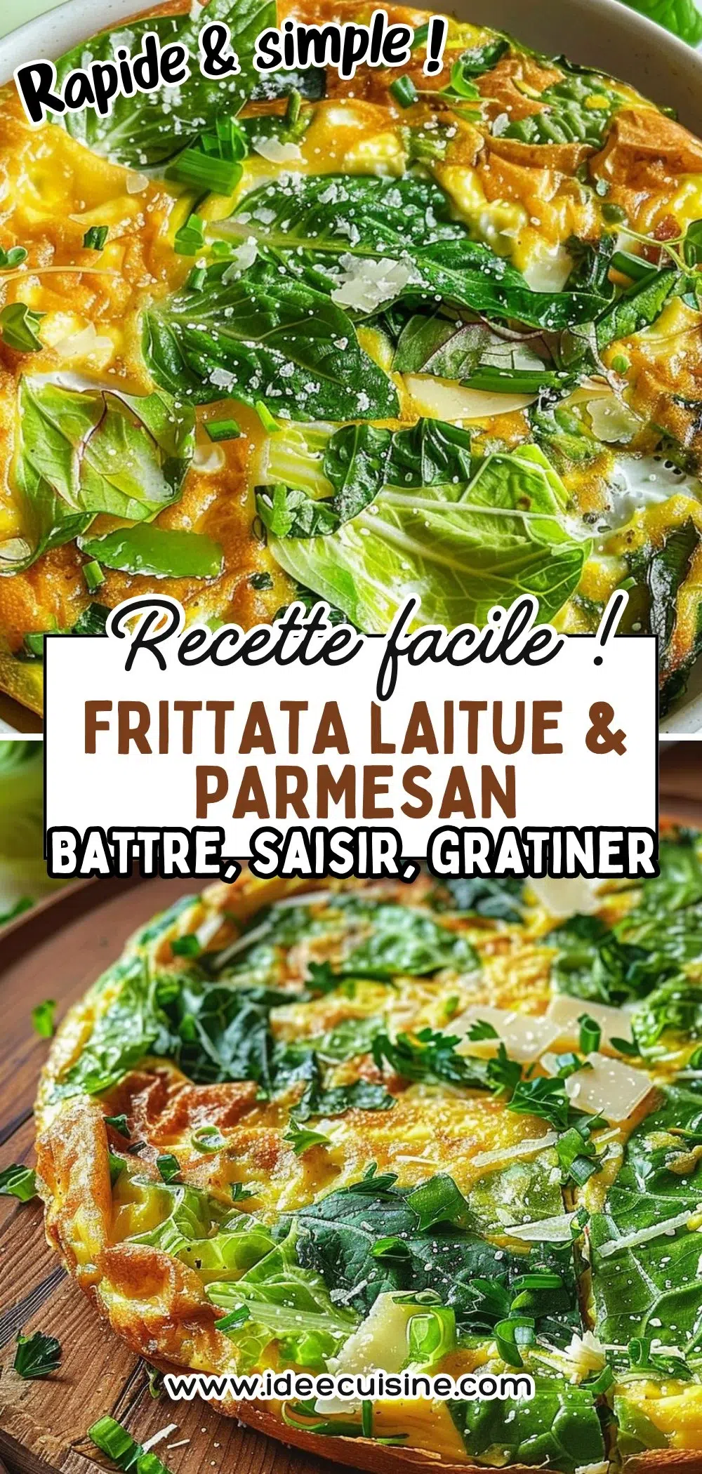 Grande frittata dorée aux feuilles de laitue et copeaux de parmesan, plan rapproché appétissant.