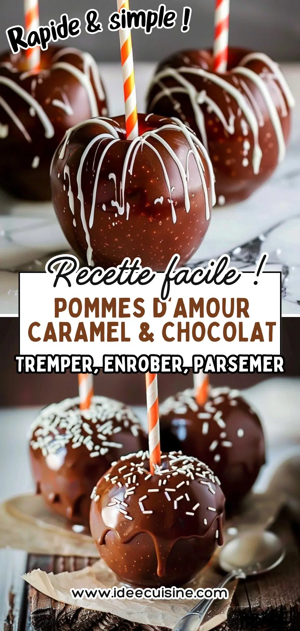 Pommes entières sur bâtonnet, enrobées de caramel et chocolat brillant, saupoudrées d’éclats blancs.