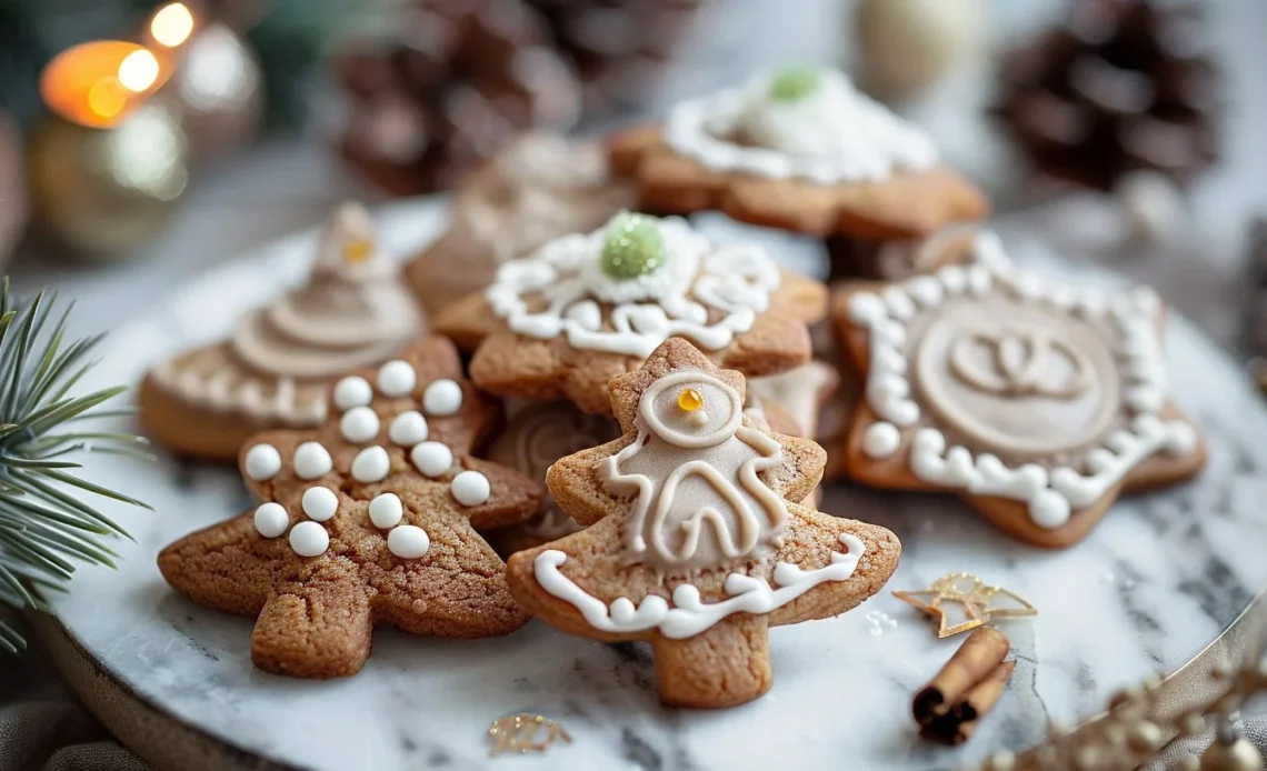 Assortiment de biscuits de Noël décorés avec des glaçages colorés.
