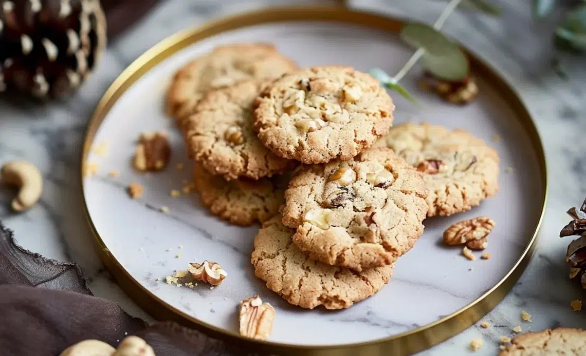 Biscuits Sablés aux Noix 1 Biscuits sablés aux noix, croustillants et délicieux sur une assiette.