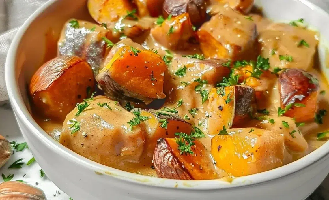 Blanquette de dinde aux marrons et potiron 1 Blanquette de dinde aux marrons et potiron, plat savoureux et réconfortant.