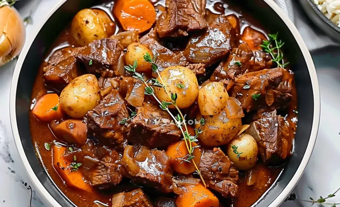 Plat de Boeuf Bourguignon servi avec des légumes et du vin rouge