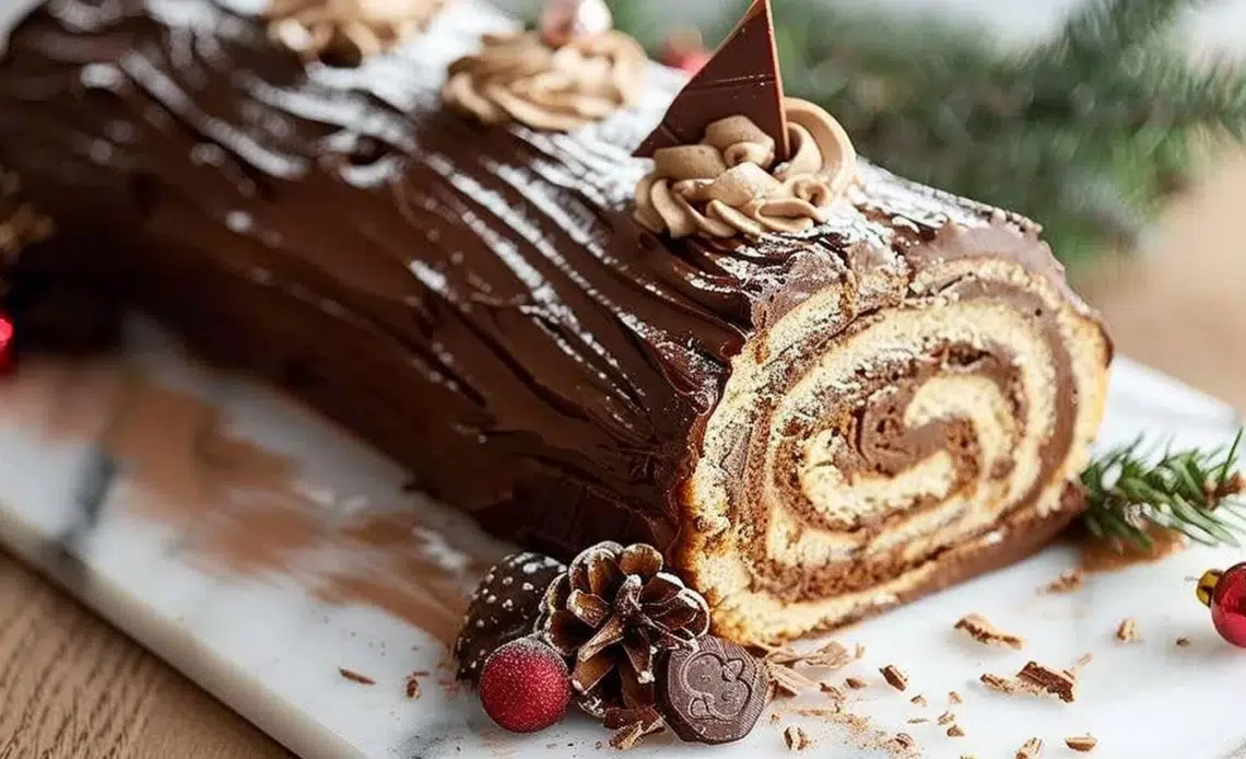 Bûche de Noël au Chocolat décorée pour les fêtes