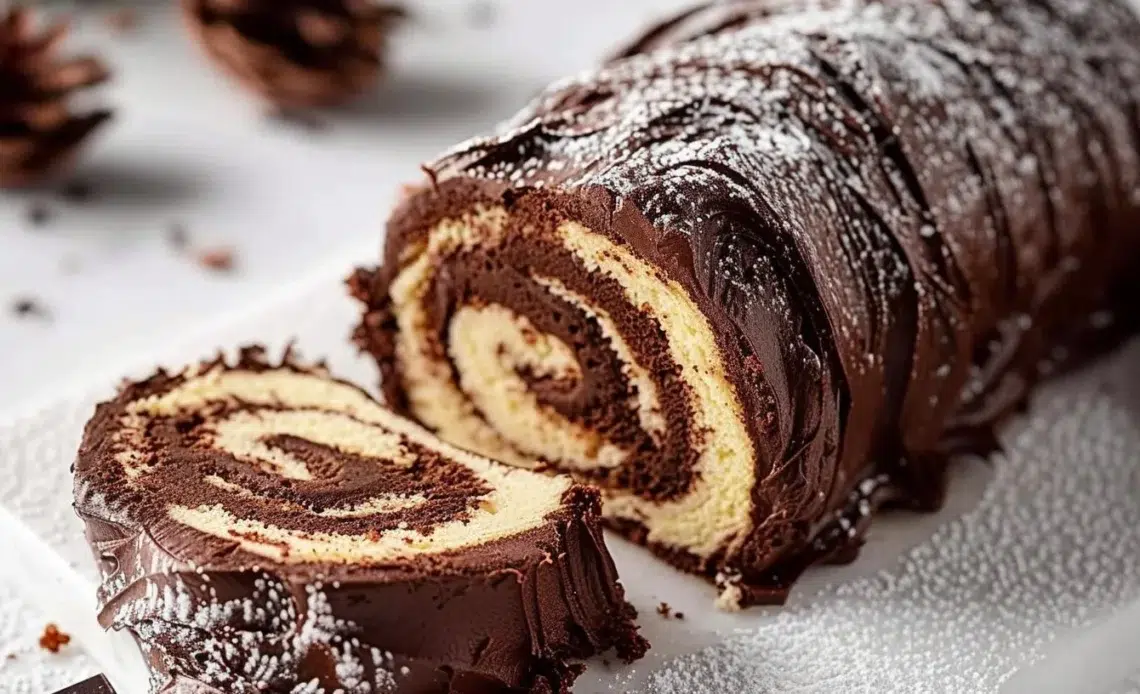 Bûche de Noël au Chocolat, dessert festif de Noël décoré et savoureux.