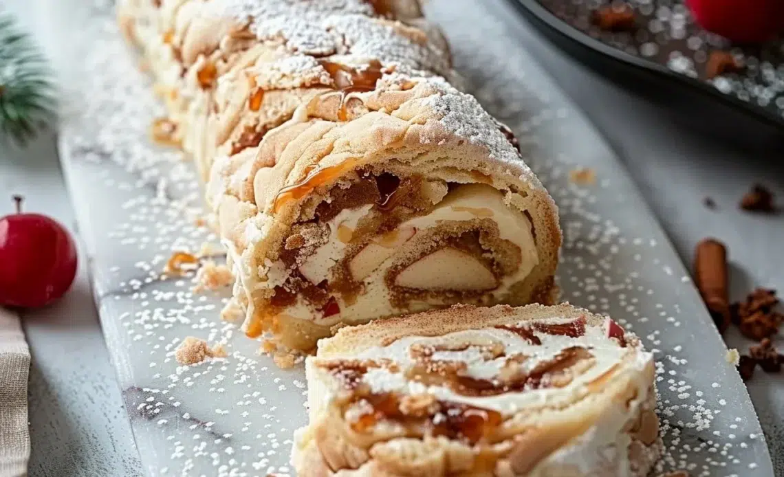 Bûche de Noël aux pommes, caramel et cannelle sur une table de Noël