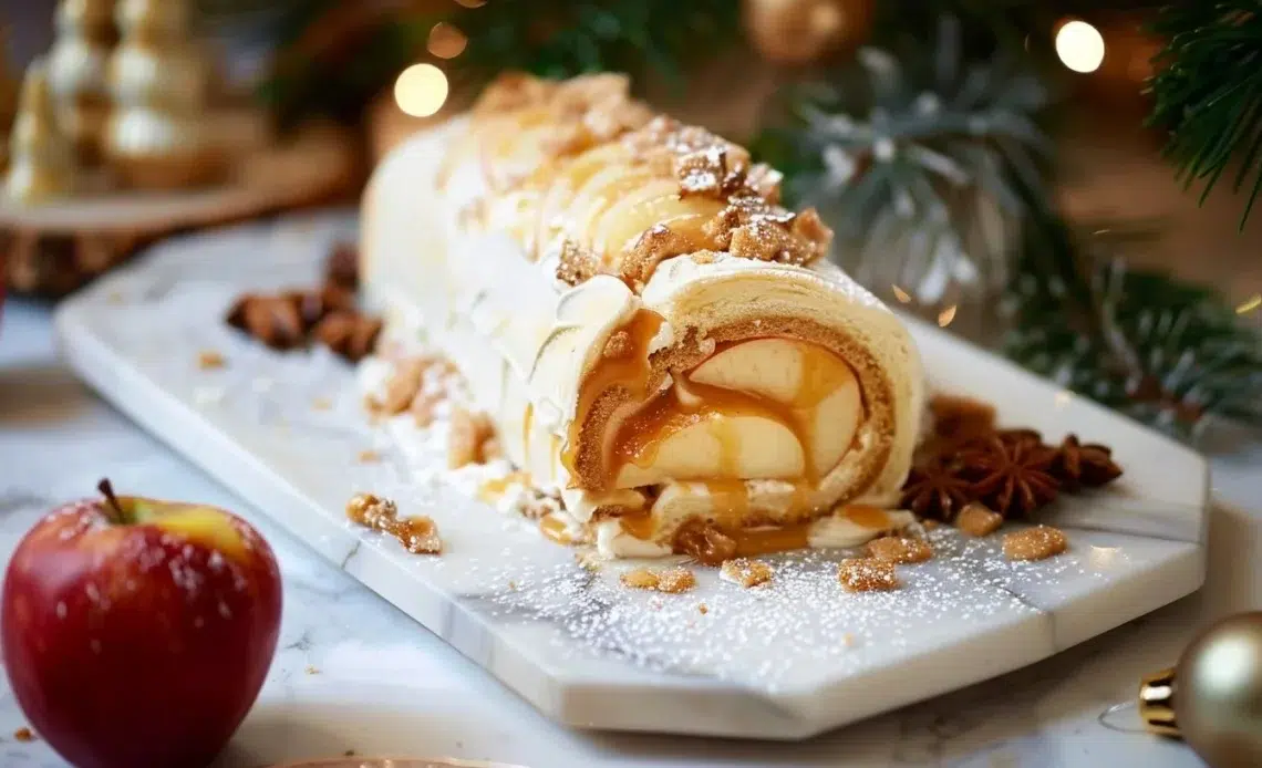 Bûche de Noël aux pommes et caramel, un dessert traditionnel de Noël