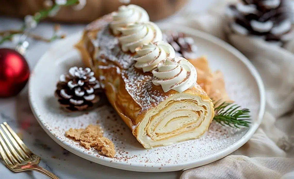 Bûche de Noël de Crêpes avec Dulce de Leche sans Gluten sur une table festive