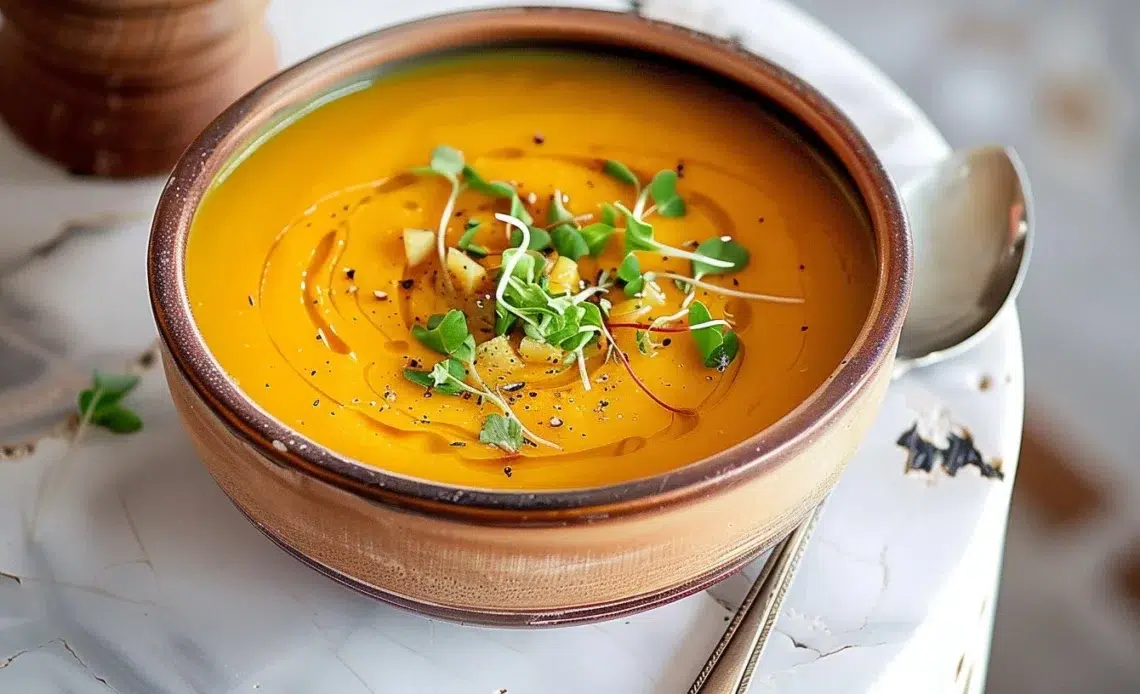 Soupe de courge butternut et pommes de terre dans un bol avec garniture.
