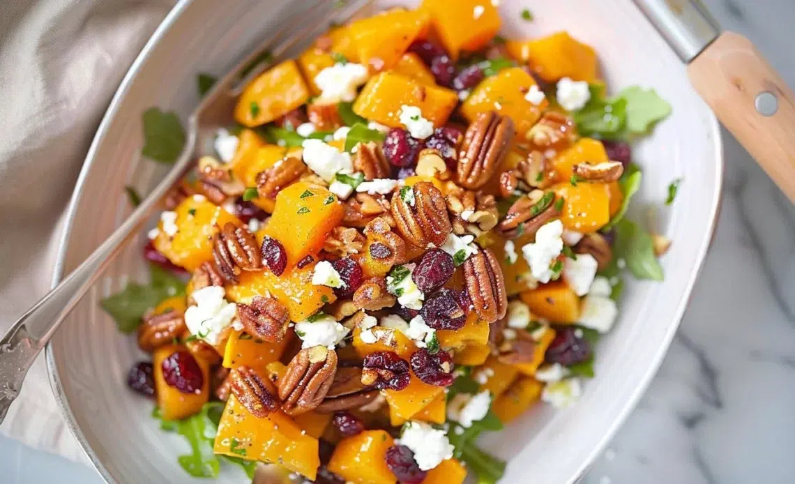 Salade de courge musquée avec feta, pacanes caramélisées et canneberges 1 Salade de courge musquée avec feta, pacanes caramélisées et cranberries