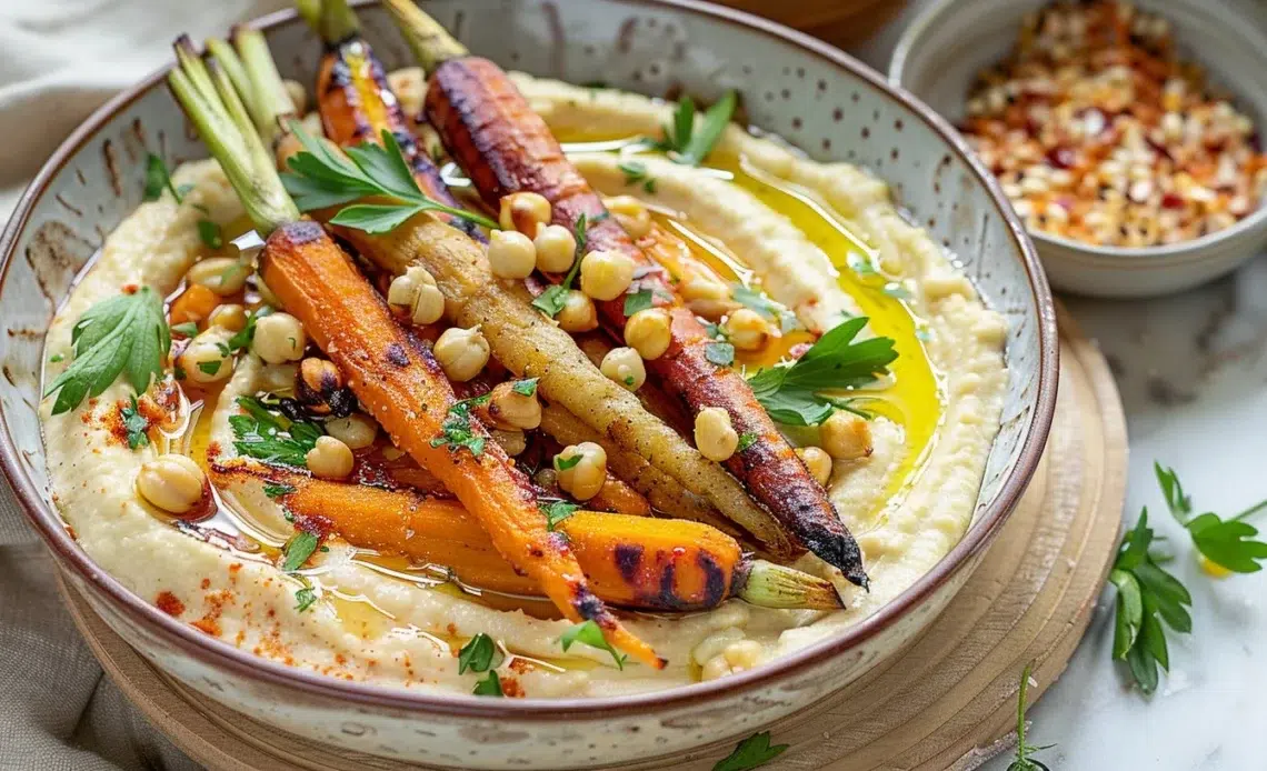 Carottes rôties servies avec du houmous crémeux dans un plat délicieux.