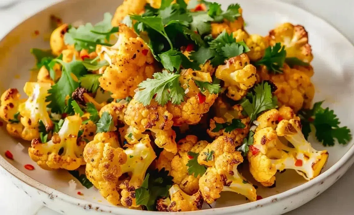 Plat de chou-fleur rôti au curry avec épices et herbes aromatiques