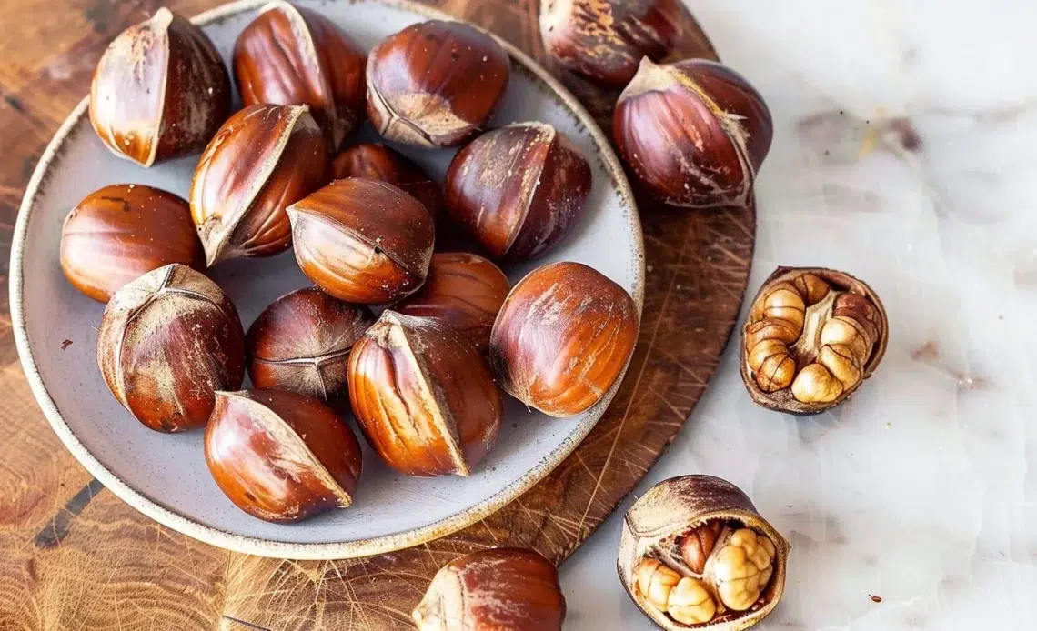 Châtaignes cuites, prêtes à déguster dans un plat de saison.