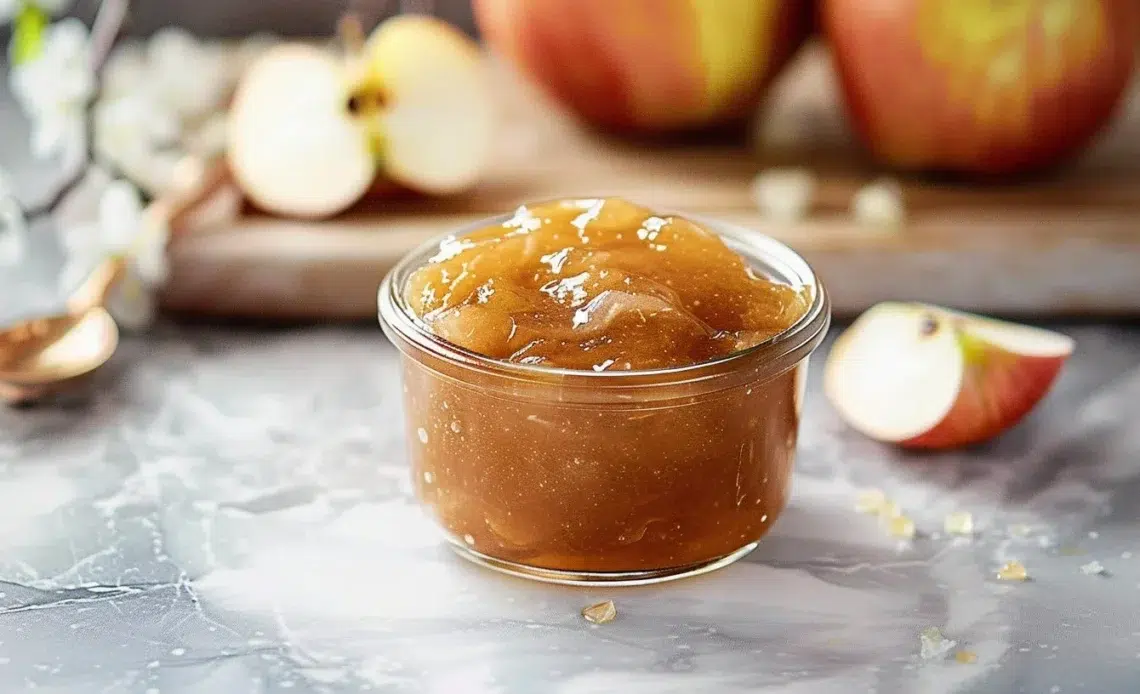 Confiture de pomme maison dans un pot en verre, prête à déguster.