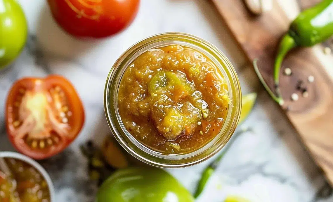 Un pot de confiture de tomates vertes fait maison sur une table en bois.