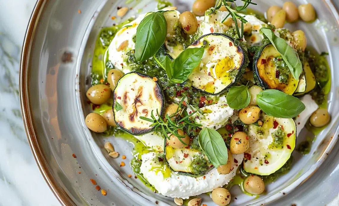 Courgettes rôties et stracciatella avec pesto 1 Plateau de courgettes rôties avec stracciatella et pesto