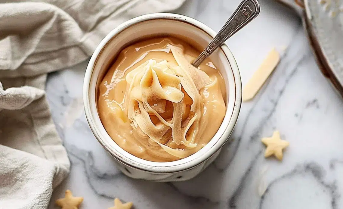 Crème de Caramel au Beurre Salé garnie de chocolat et d'éclats de noisettes.