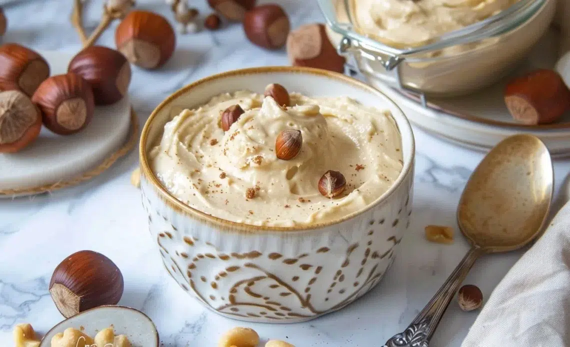 Recette de crème noisette au chocolat blanc, dessert délicieux et crémeux.