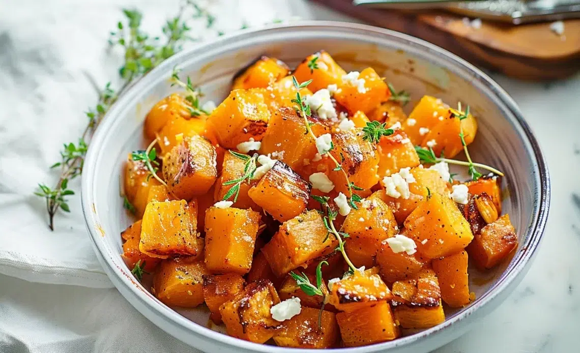 Cubes de courge butternut rôties à la friteuse à air, plat sain et gourmand.