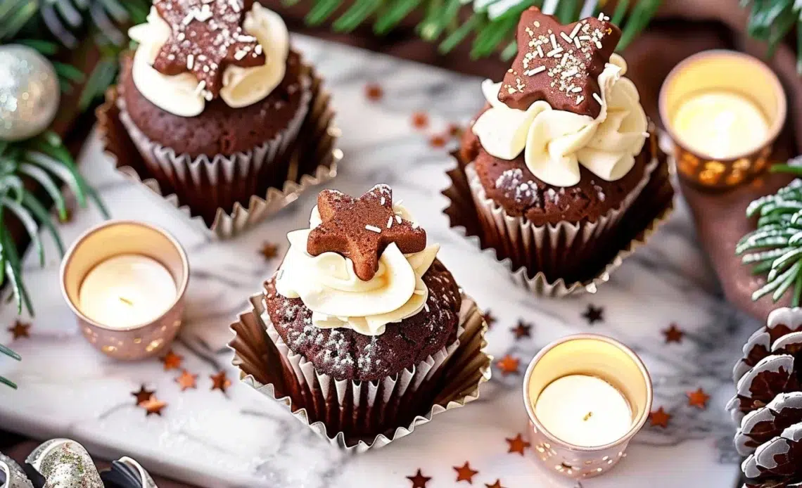 Cupcakes au chocolat de Noël 1 Cupcakes au chocolat de Noël décorés de neige délicate.