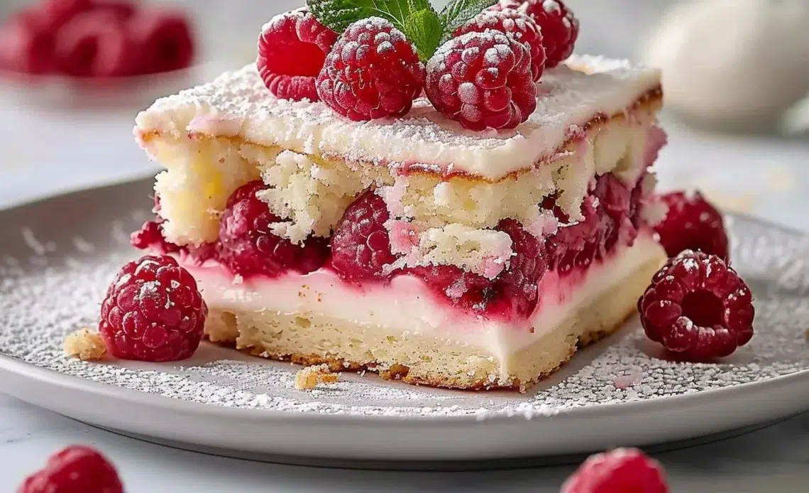 Delicieus Framboisier Léger avec framboises fraîches sur un plat élégant.