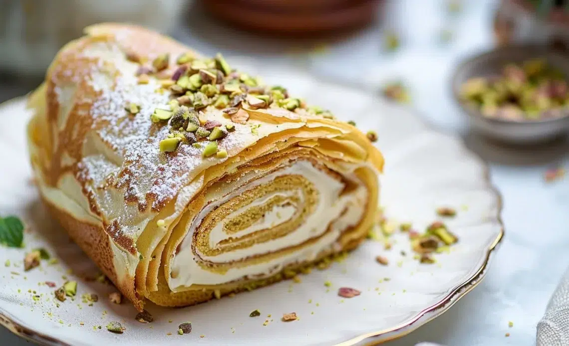 Gâteau crêpes roulé à la pistache sans gluten, dessert gourmand et savoureux