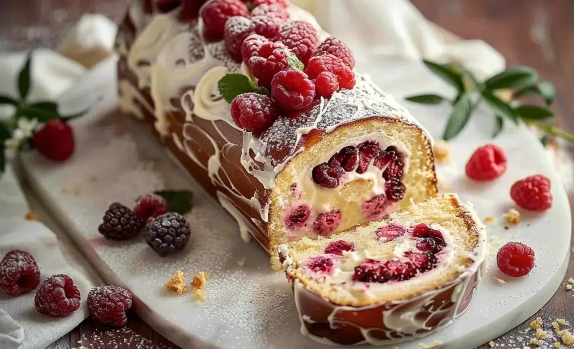 Gâteau Log Fruité aux Framboises, un dessert festif et savoureux avec des framboises.