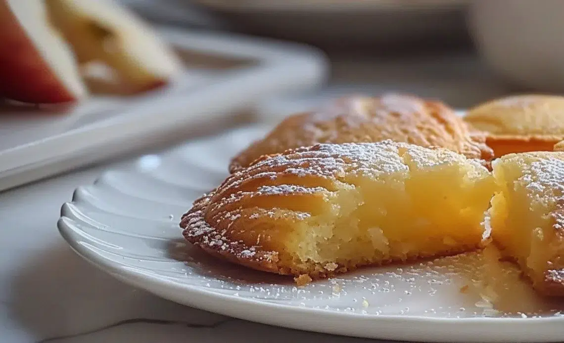 Gâteau Madeleine aux pommes doré et moelleux, servi sur une assiette.