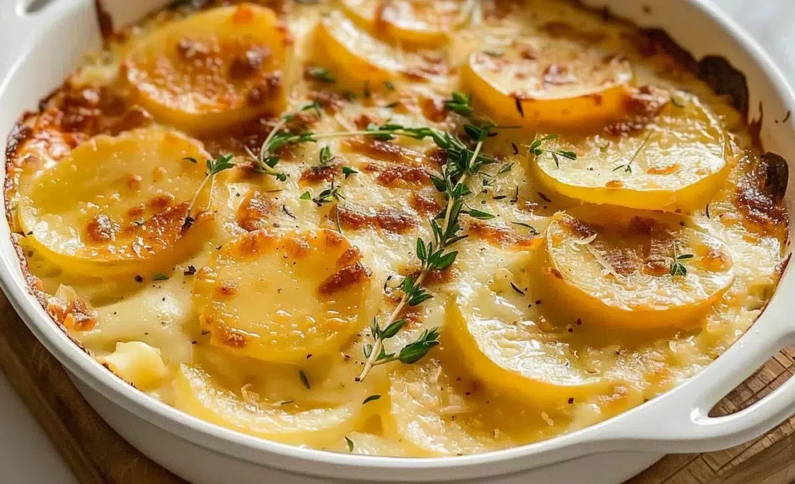 Gratin Dauphinois crémeux préparé avec des pommes de terre et de la crème
