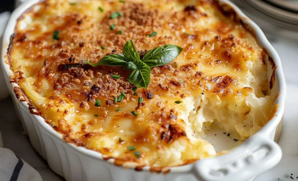 Gratin de Chou-Fleur 1 Plat de gratin de chou-fleur doré au four, servi chaud et savoureux.