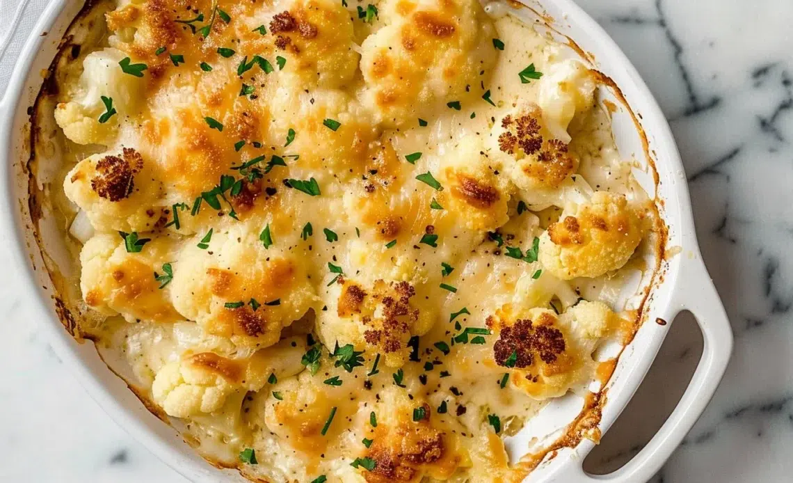 Gratin de chou-fleur crémeux 1 Gratin de chou-fleur doré et savoureux, prêt à être dégusté.