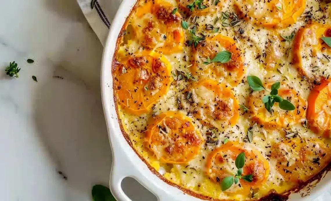 Gratin de courge butternut sain, plat réconfortant et savoureux.
