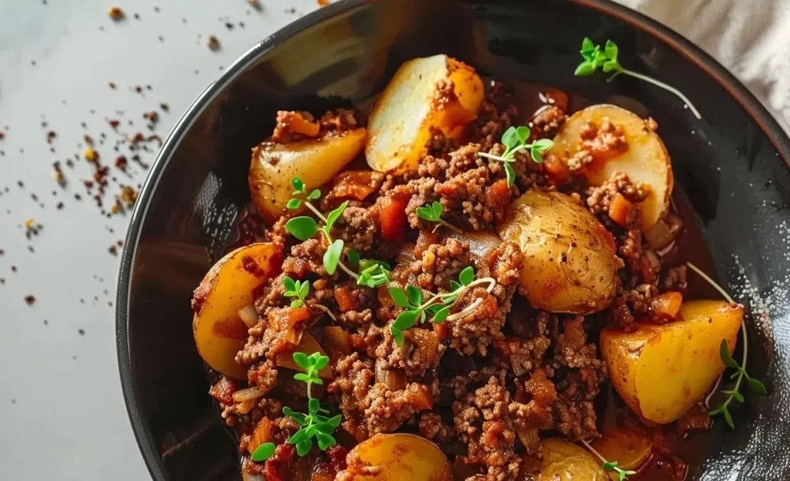 Plat de viande hachée et pommes de terre cuit au four, délicieux et réconfortant.