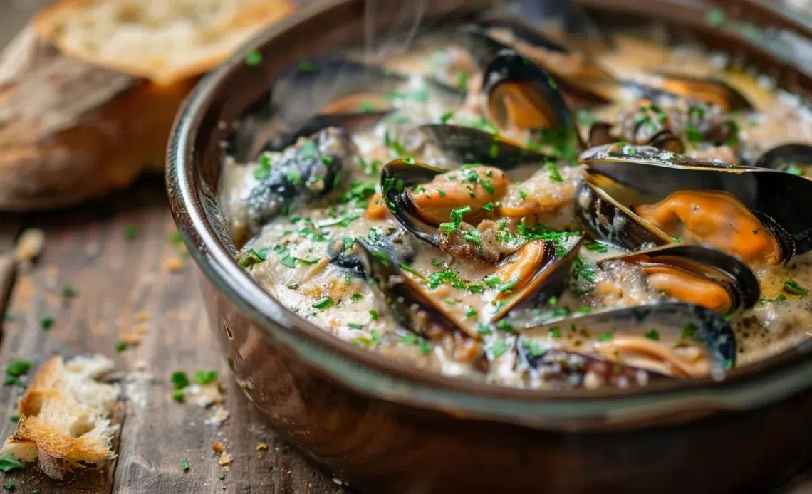 Cassolette rustique de moules ouvertes nappées d’une sauce crémeuse au cidre, parsemée de persil frais, avec pain de campagne en arrière-plan.