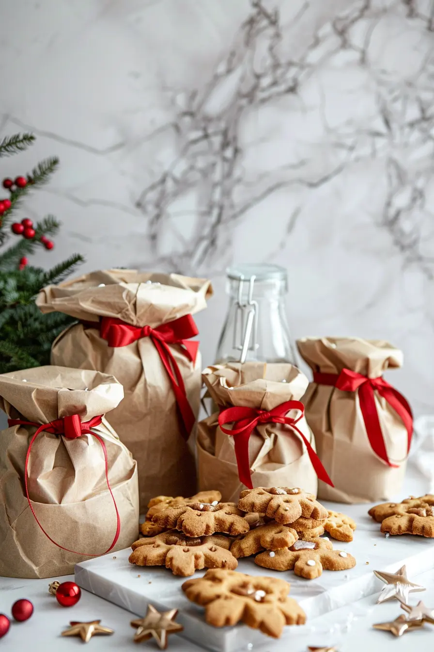Biscuits de Noël sans gluten emballés dans des bocaux en verre et sacs kraft avec rubans rouges sur fond marbre blanc