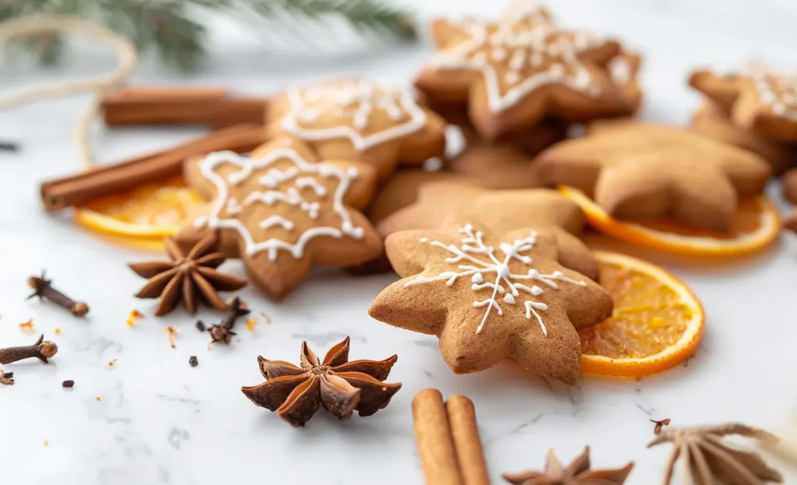 Biscuits de Noël épicés sans gluten joliment disposés sur un fond en marbre blanc avec des épices et des zestes d’orange