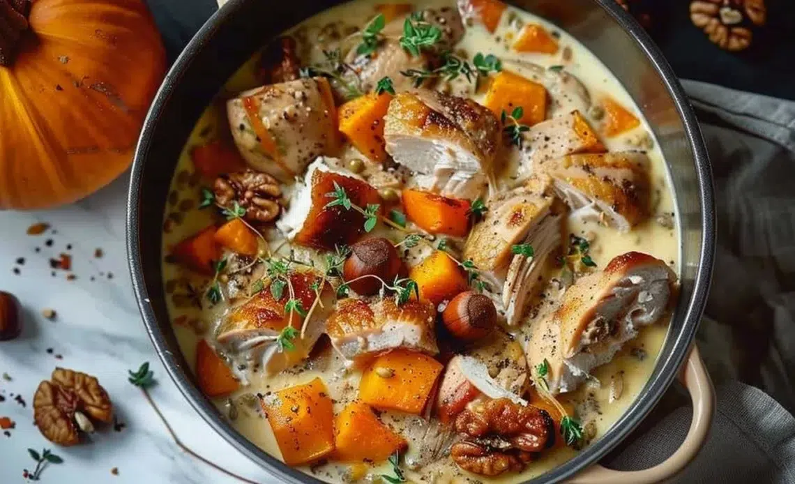 Blanquette de Dinde Automnale au Potiron et Marrons dans un plat gastronomique