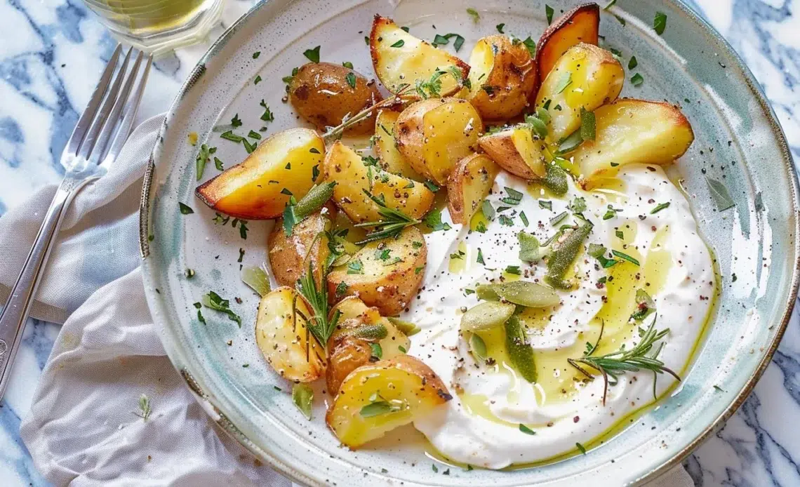 Bol de labneh crémeux avec des pommes de terre rôties dorées sur une assiette.